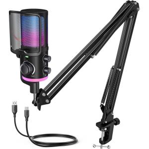 imageFIFINE AM6T USB Streaming Microphone for PC Gaming Professional Condenser Mic with RGB Noise CancellationampampGameChat MixerPlug ampamp Play for Discord ChatStreamerPodcaster with Boom ArmampampPop Filter
