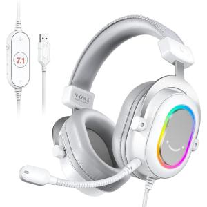 imageFIFINE Gaming Headset for PCWired Headphones with Microphone71 Surround Sound Computer USB Headset for Laptop Streaming Headphones on PS4PS5 with EQ Mode RGB Soft Ear Pads  AmpliGame H6White