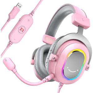 imageFIFINE Gaming Headset for PCWired Headphones with Microphone71 Surround Sound Computer USB Headset for Laptop Streaming Headphones on PS4PS5 with EQ Mode RGB Soft Ear Pads  AmpliGame H6Pink