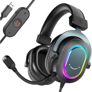 imageFIFINE Gaming Headset for PCWired Headphones with Microphone71 Surround Sound Computer USB Headset for Laptop Streaming Headphones on PS4PS5 with EQ Mode RGB Soft Ear Pads  AmpliGame H6Black