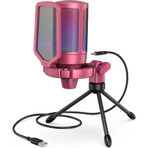 imageFIFINE Gaming Streaming USB PC Microphone for Mac OSWindows AmpliGame Condenser Cardioid Mic with RGB for Video Vocal Recording Twitch Discord Gamer Computer MicBlueRed