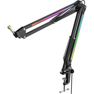 imageFIFINE Microphone Boom Arm Metal Mic Arm Stand with RGB Control 38 to 58 Screw Adapter Desk Mount Clamp Suspension Scissor Microphone Stand for Gaming StreamingAmpliGame BM38 Black