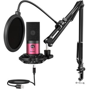 imageFIFINE Podcast Microphone KitUSB PC Computer Recording Microphone Condenser Mic Set for Streaming Gaming VoiceOver Meeting with Arm Stand Shock Mount Pop FilterT669 Rose RedRose Red
