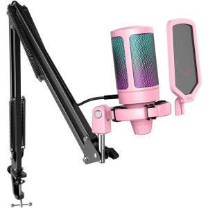 imageFIFINE Streaming Gaming USB Microphone Kit PC Condenser RGB Mic Compatible with PS4PS5 Plug and Play for Music Recording Online Game Discord Twitch with Pop Filter Shock MountA6T WhitePink
