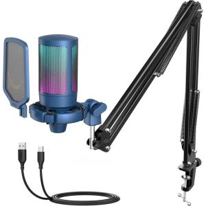 imageFIFINE Streaming Gaming USB Microphone Kit PC Condenser RGB Mic Compatible with PS4PS5 Plug and Play for Music Recording Online Game Discord Twitch with Pop Filter Shock MountA6T WhiteBlue