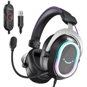 imageFIFINE USB Gaming Headset Flowing RGB Lighting  71 Surround Sound  Detachable Mic  Soft Ear Pads OverEar Headset with Control Box for PC Laptop Mac PS5PS4  AmpliGame H13WP WhiteampampPurpleBlack and Purple
