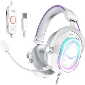 imageFIFINE USB Gaming Headset Flowing RGB Lighting  71 Surround Sound  Detachable Mic  Soft Ear Pads OverEar Headset with Control Box for PC Laptop Mac PS5PS4  AmpliGame H13WP WhiteampampPurpleWhite and Purple