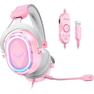 imageFIFINE USB Gaming Headset Flowing RGB Lighting  71 Surround Sound  Detachable Mic  Soft Ear Pads OverEar Headset with Control Box for PC Laptop Mac PS5PS4  AmpliGame H13WP WhiteampampPurplePink