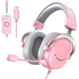 imageFIFINE USB PC Gaming Headset with 35mm Audio Jack Detachable Microphone 71 Surround Sound Volume Control Streaming OverEar Wired Headphones for Computer PS5 Controller XboxH9 WhitePink