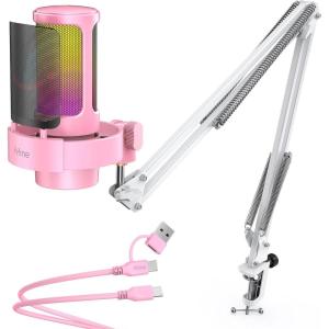 imageFIFINE USB Streaming Microphone with Boom Arm Gaming Mic Kit for PC PS4PS5 Podcast Microphone for Podcast with RGB Control Mute Button Gain Knob Headphones Jack Pop FilterA8T PinkPink