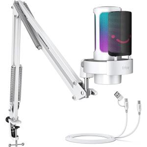 imageFIFINE USB Streaming Microphone with Boom Arm Gaming Mic Kit for PC PS4PS5 Podcast Microphone for Podcast with RGB Control Mute Button Gain Knob Headphones Jack Pop FilterA8T PinkWhite