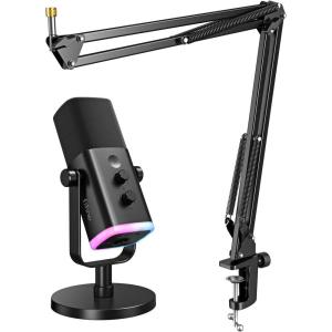 imageFIFINE Dynamic Gaming Mic and Microphone Arm Stand Kit PC Computer Streaming Mic with RGB Light Mute Button Suspension Scissor Boom Stand Bundle for Recording Podcast VoiceOver AM8CS1