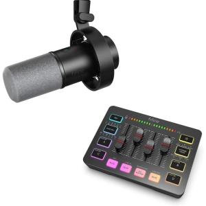 imageFIFINE Gaming Audio Mixer and XLRUSB Dynamic Microphone Bundle Streaming 4Channel RGB Mixer with XLR Microphone Interface48V Phantom Power for Game Voice Podcast Recording YouTube SC3K688