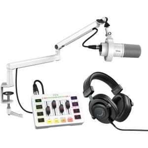 imageFIFINE Microphone with Recording Equipment Bundle Podcast Set with PC Mixer Low Profile Boom Arm XLR Cable Headphones for Studio Kit for Video Creation Music Instrument Recording