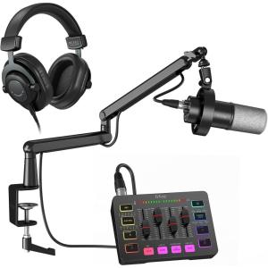 imageFIFINE Recording Vocal Low Profile Bundle with Arm Stand Dynamic XLRUSB Mic Gaming Audio Mixer Wired OverEar Headphone for Podcast Streaming Game Voice Music Creation