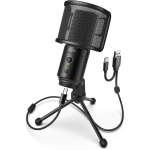imageFIFINE USB Desktop PC Microphone with Pop Filter for Computer and Mac Studio Condenser Mic with Gain Knob Mute Button Headphone Jack for Gaming Streaming Recording YouTube Extra USBC PlugK683A