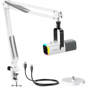 imageFIFINE XLRUSB Gaming Microphone Bundle with Metal Boom Arm Dynamic RGB Mic with Mute Gain Monitoring for Streaming Vocal Recording Podcast Arm Stand for Home Studio Video Creation AM8WCS1W