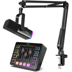 imageFIFINE XLRUSB Gaming Microphone Set and Gaming Audio MixerDynamic PC Mic for Streaming PodcastingRGB Recording Mixer with XLR Microphone InterfaceComputer RGB Mic Kit with Boom Arm StandAM8TSC3