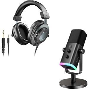 imageFIFINE XLRUSB Microphone and Studio Monitor Headphones Set Computer Recording Mic with Mute Button RGB Over Ear Wired Headset Pack for YouTube Podcasting Streaming Gaming AM8H8