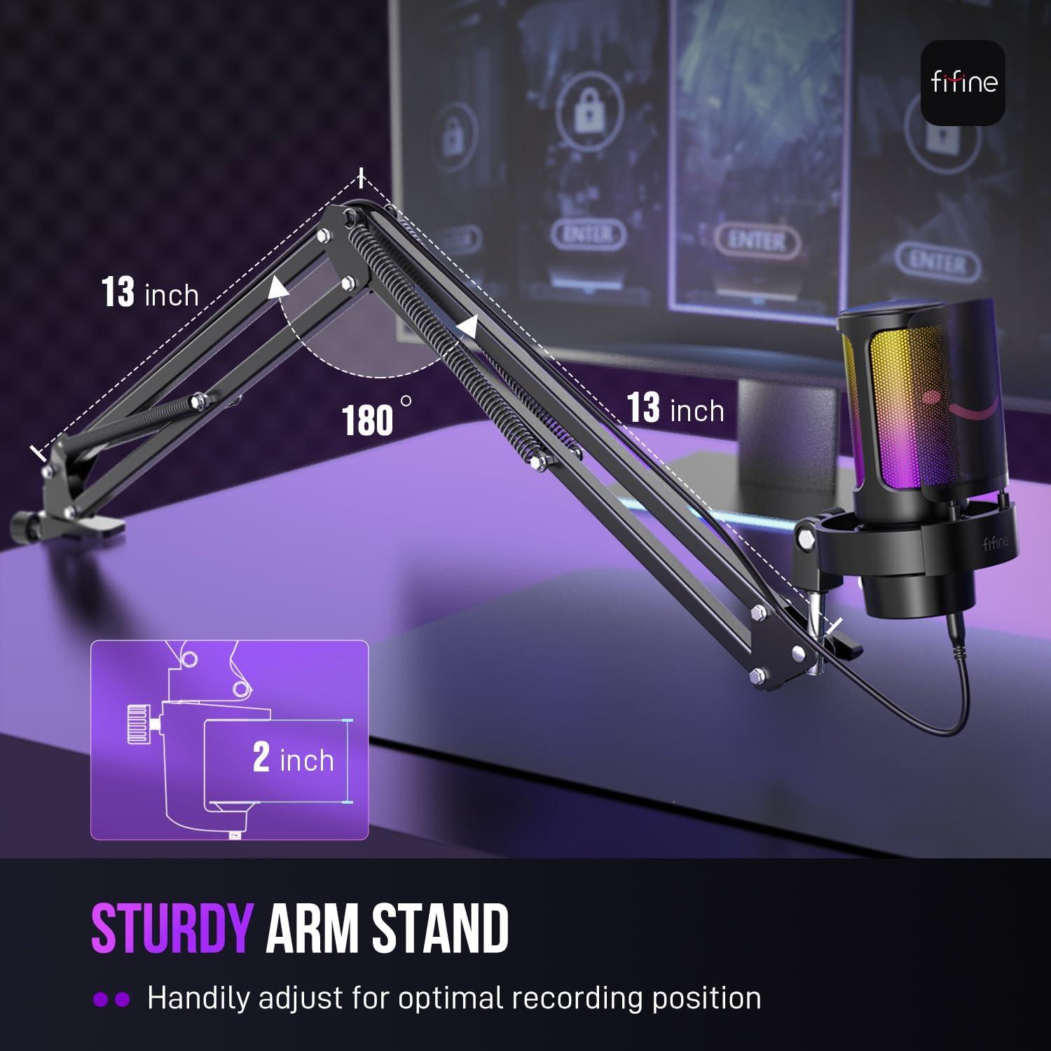 imageFIFINE USB Gaming Microphone Metal Recording Boom Arm Bundle PC Streaming Mic and Arm Stand Kit with RGB Lights Mute Button Headphones Jack Pop Filter for VoiceOver Studio Home Office A8CS1