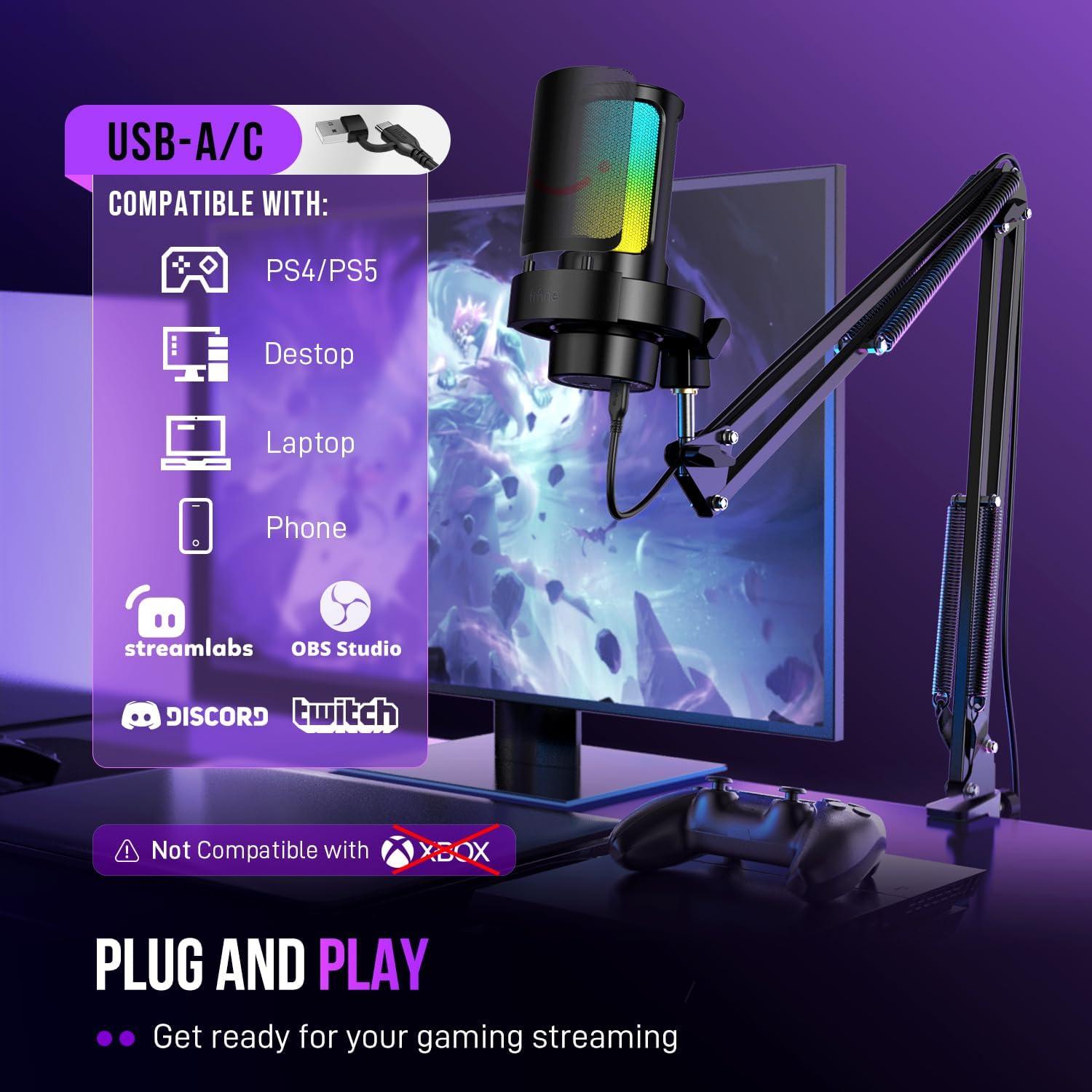 imageFIFINE USB Gaming Microphone Metal Recording Boom Arm Bundle PC Streaming Mic and Arm Stand Kit with RGB Lights Mute Button Headphones Jack Pop Filter for VoiceOver Studio Home Office A8CS1