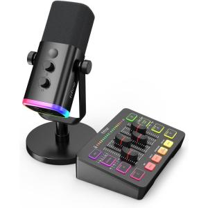 imageFIFINE Gaming Audio Mixer Bundle with Computer Streaming Microphone 4Channel RGB Mixer Set with XLR Interface 48V Phantom Power Dynamic Mic with Mute Button for Game Voice Podcast YouTubeSC3AM8