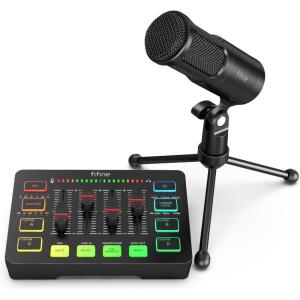 imageFIFINE Gaming Audio Mixer and XLR Dynamic Microphone Bundle Streaming 4Channel RGB Mixer Set with 48V Phantom PowerVolume Fader for Game VoicePodcastStudio Metal Mic for VoiceOverSC3K669D