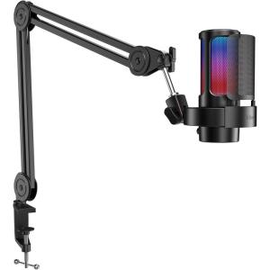 imageFIFINE Gaming Microphone and Heavy Duty Boom Arm Bundle USB PC Mic with RGB Control Mute Touch Headphone Jack Pop Filter Stand for Streaming Podcasts Recording on MacPS4PS5 A8BM63