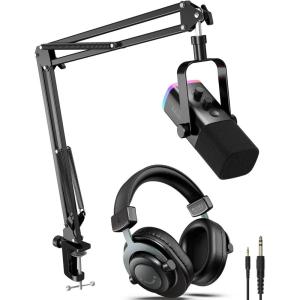 imageFIFINE XLRUSB Dynamic Microphone Kit with Studio Monitor Headphones Gaming Microphone for PC Bundle with OverEar Wired Headphones Mic Boom Arm for Streaming Podcast Vocal Recording AM8TH8