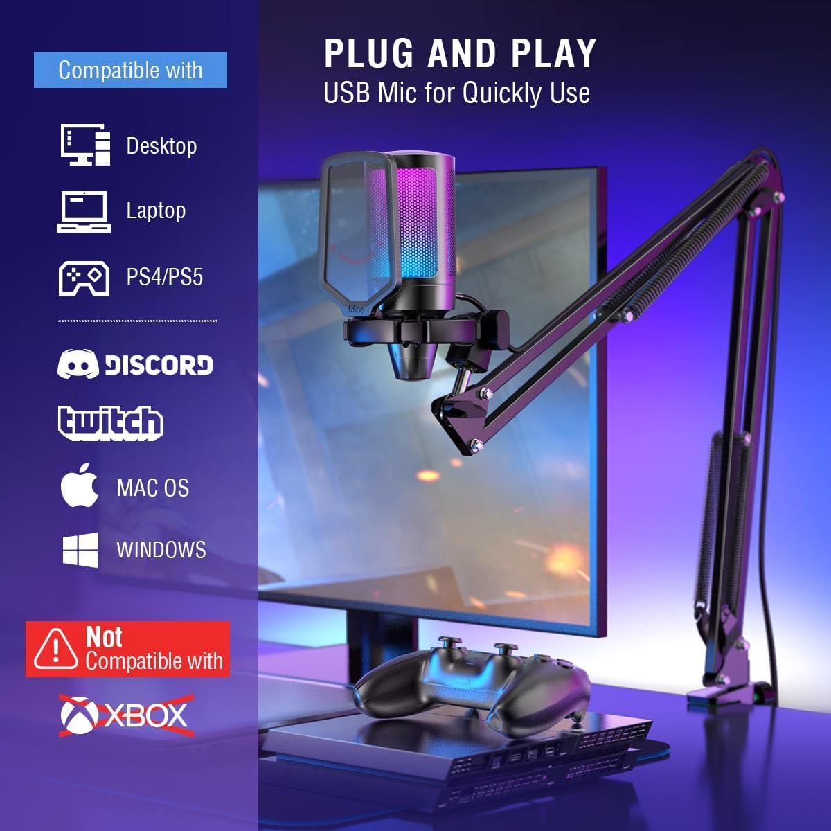 imageFIFINE Gaming PC USB Microphone Kit with Metal Pop Filter Podcast Condenser Mic with Boom Arm Bundle Mute Button RGB Streaming Mic for Recording Videos Twitch YouTube A6TU1