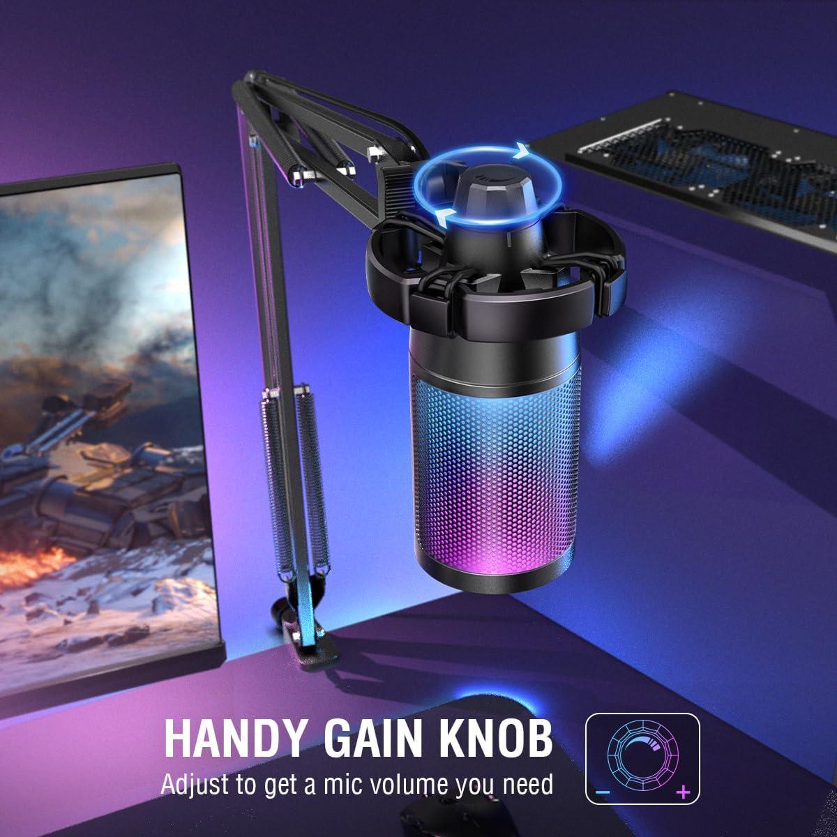 imageFIFINE Gaming PC USB Microphone Kit with Metal Pop Filter Podcast Condenser Mic with Boom Arm Bundle Mute Button RGB Streaming Mic for Recording Videos Twitch YouTube A6TU1