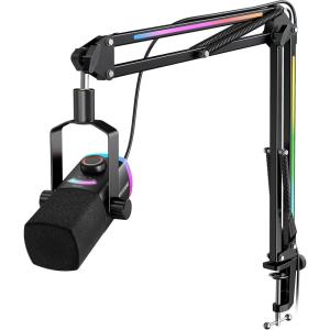 imageFIFINE Gaming Microphone Kit XLRUSB Dynamic PC Microphone with Boom Arm for Podcast Recording RGB Streaming Mic Set TaptoMute Mix Control Headphone JackAmpliGame AM8PROT