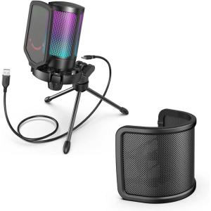 imageFIFINE Gaming USB Condenser Microphone with Pop Filter Bundle Quick Mute RGB Indicator Tripod Stand Shock Mount Gain Control for Streaming YouTube Videos A6VU1