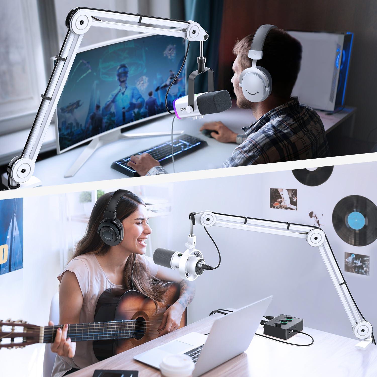 imageFIFINE Studio XLR Microphone Bundle with Boom Arm StandXLRUSB Dynamic Microphone with Mute Button Gain Knob Metal Heavy Duty Mic Stand with Desk Clamp for Podcast Recording Streaming K688PBM63W