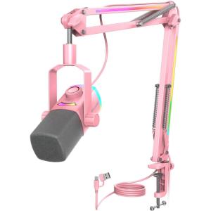 imageFIFINE XLRUSB Gaming Microphone Kit with Boom Arm Stand RGB Streaming Mic for Computer Compatible with PCPS4PS5 Podcast Mic Set with Headphone Jack Volume Knob MuteAmpliGame AM8PROT PinkPink