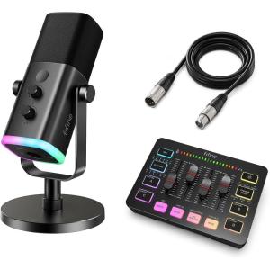 imageFIFINE Gaming Equipment Bundle with Audio Mixer XLRUSB Microphone XLR Cable Set for Streaming Podcast RGB PC Mixer with Individual Control Volume Fader Computer Dynamic Vocal Mic for Recording