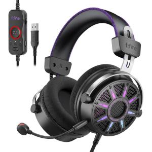 imageFIFINE Wired Open Back Gaming Headset Open Acoustic Audio Breathable Mesh Fabric 71 Surround Sound Vibrant RGB USB Control Box OverEar Headphone with Mic for PC PS5PS4 Laptop Mac  H19BPblack and purple